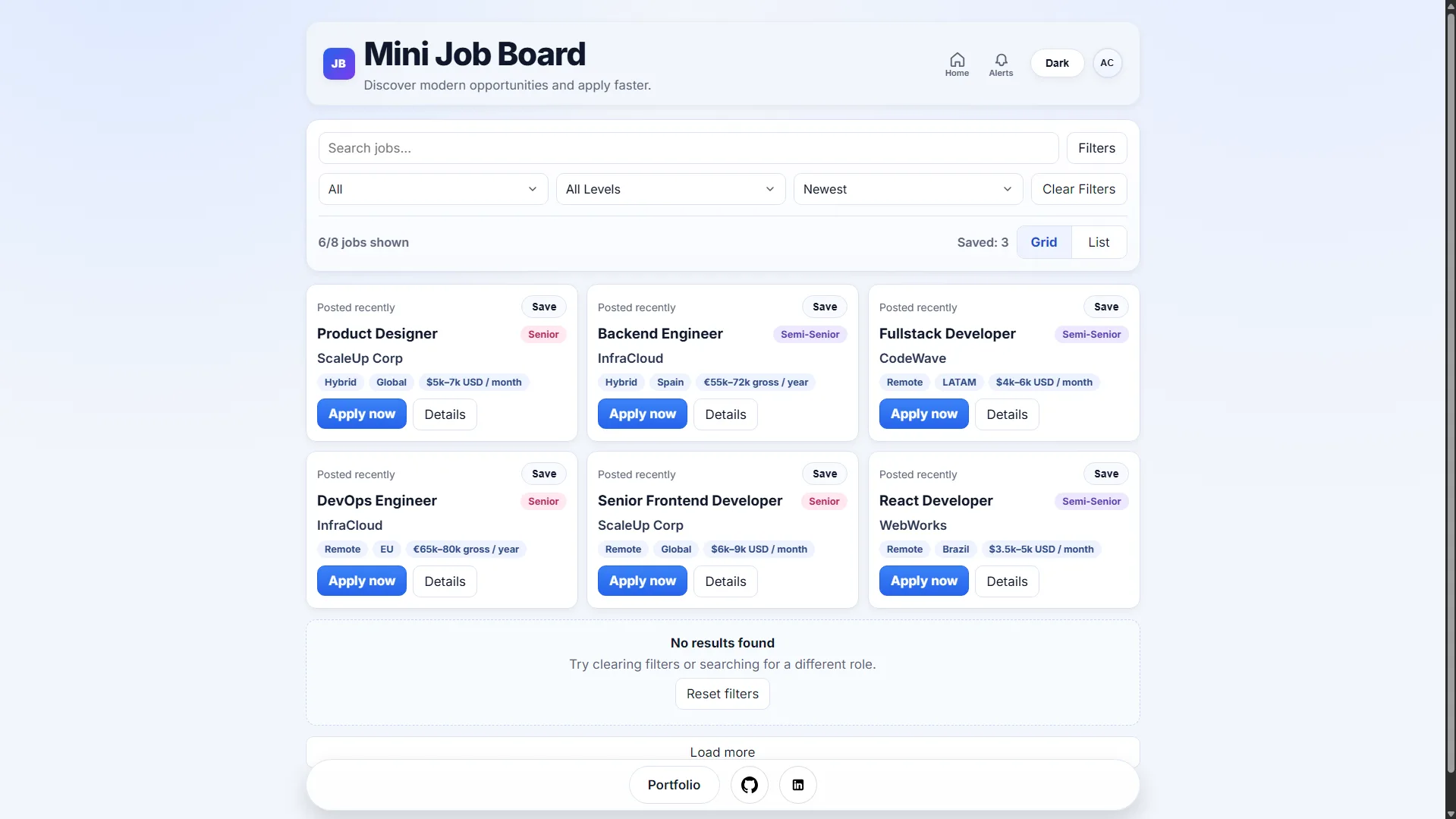 Mini Job Board main page